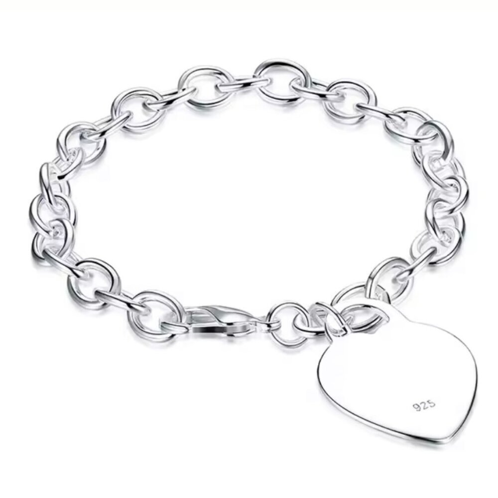 Sterling Silver Heart Charm Chain Bracelet - Silver